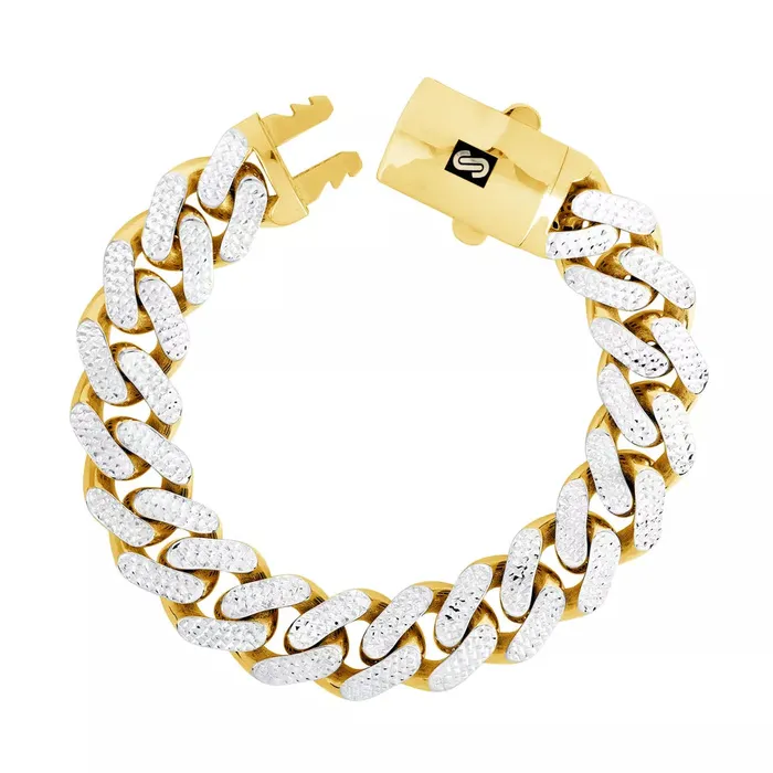 Bracelets Goldiacom 10k Yellow Gold 11mm Monaco Miami Cuban Diamond Cut Pave Chain Bracelet 85