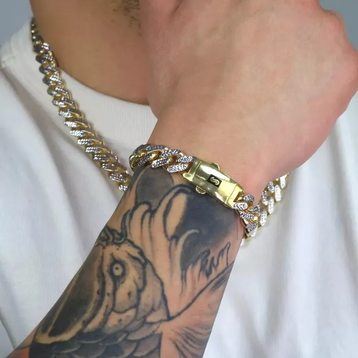 Bracelets Goldiacom 10k Yellow Gold 11mm Monaco Miami Cuban Diamond Cut Pave Chain Bracelet 85