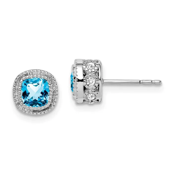 Earrings 14k White Gold Cushion Blue Topaz and Real Diamond Earrings Goldia