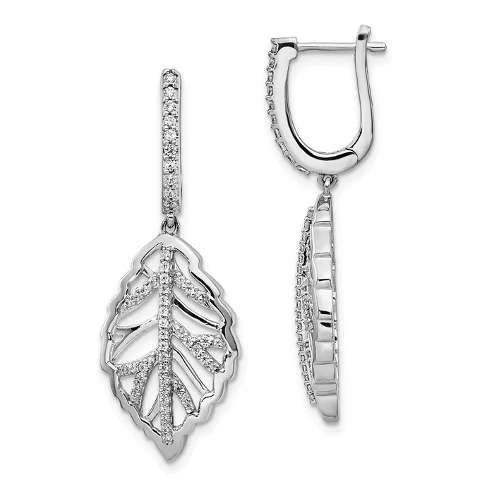 Earrings 14k White Gold Real Diamond Leaf Leverback Earrings Goldia
