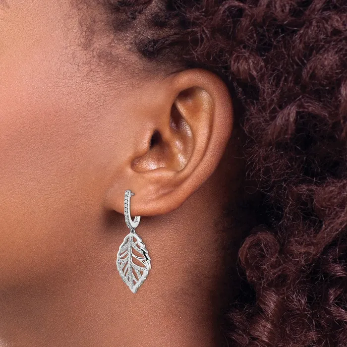 Earrings 14k White Gold Real Diamond Leaf Leverback Earrings Goldia