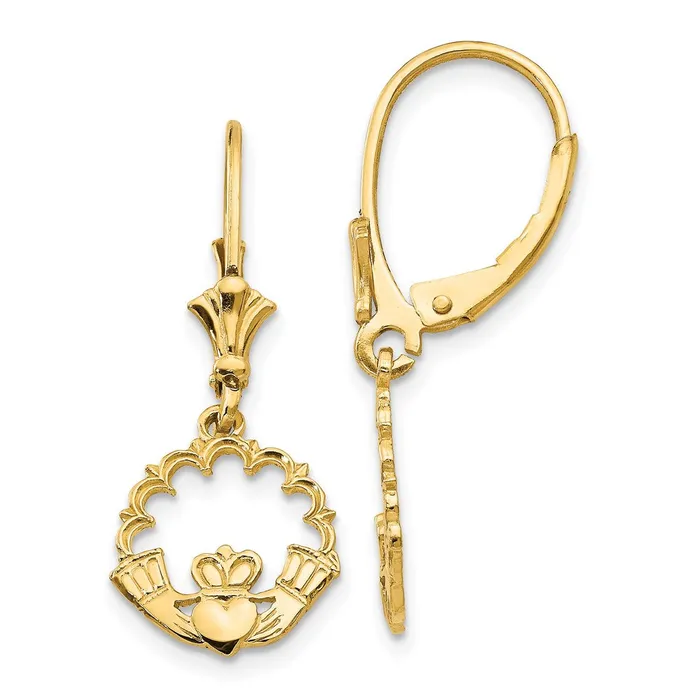 Earrings 14k Yellow Gold Claddagh in Circle Leverback Earrings Goldia