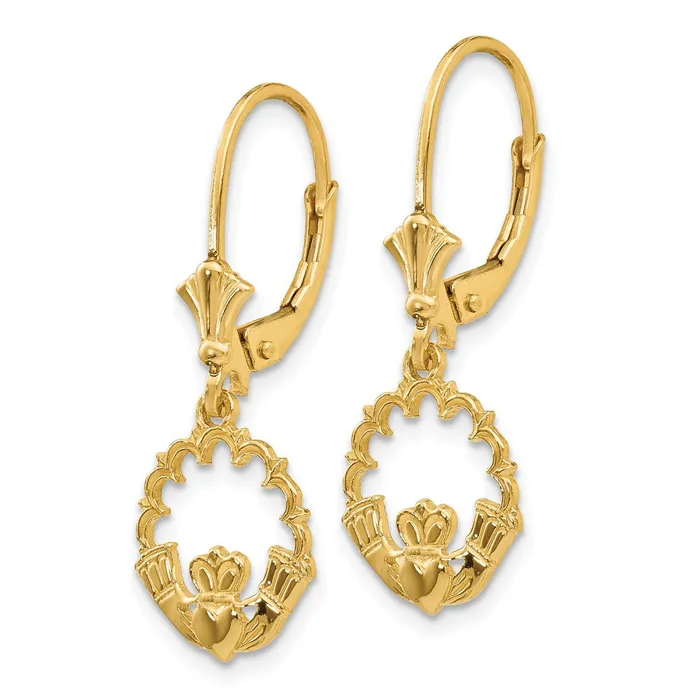Earrings 14k Yellow Gold Claddagh in Circle Leverback Earrings Goldia