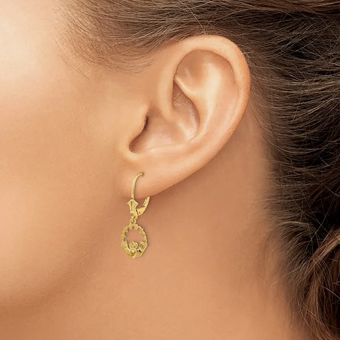 Earrings 14k Yellow Gold Claddagh in Circle Leverback Earrings Goldia