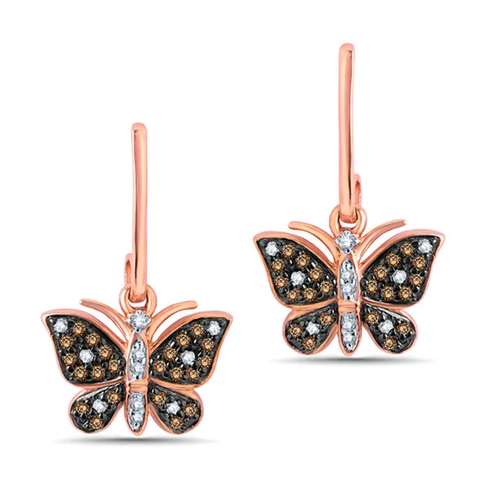 Earrings Goldia 025 CT TW Champagne and White Diamond Butterfly Drop Earrings in 10K Rose Gold