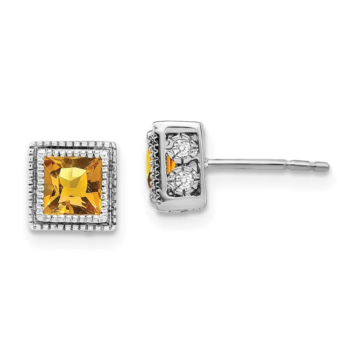 Earrings Goldia 14k White Gold Square Citrine and Real Diamond Earrings