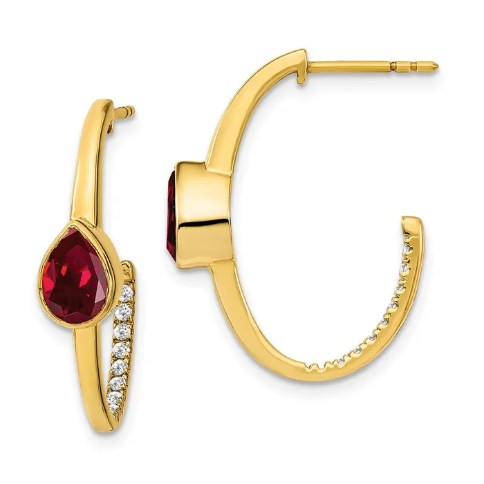 Earrings Goldia 14k Yellow Gold Pear Created Ruby and Real Diamond JHoop Earrings