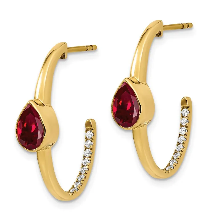 Earrings Goldia 14k Yellow Gold Pear Created Ruby and Real Diamond JHoop Earrings
