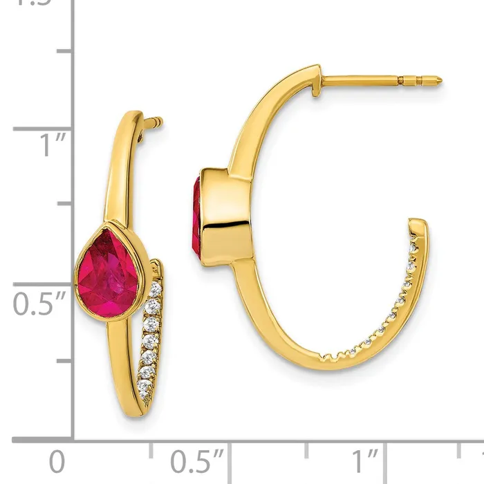 Earrings Goldia 14k Yellow Gold Pear Created Ruby and Real Diamond JHoop Earrings