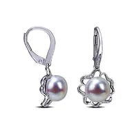 Earrings Goldia 9095mm Button Cultured Freshwater Pearl and 013 CT TW Diamond Clover Frame Drop Earrings in Sterling Silver