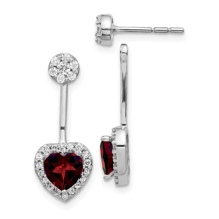Earrings Goldia Solid 14k White Gold Simulated CZ SimulatedHeart Garnet FrontBacK Earrings