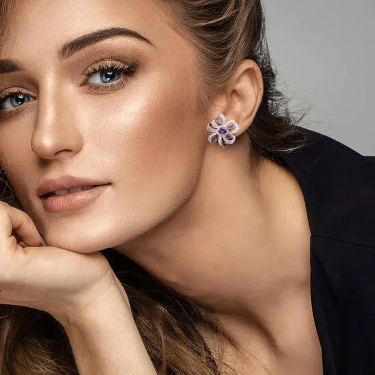 Earrings JMS always Original AMOUR 1 58 CT TGW African Amethyst and White Topaz Floral Clipback Earrings In Sterling Silver Earrings JMS always Original AMOUR 1 58 CT TGW African Amethyst and White Topaz Floral Clipback Earrings In Sterling Silver