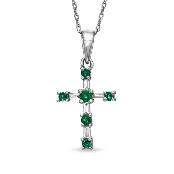 Emerald and 01 CT TW Natural Diamond Cross Pendant in 10K White Gold Goldia Necklaces Emerald and 01 CT TW Natural Diamond Cross Pendant in 10K White Gold Goldia Necklaces