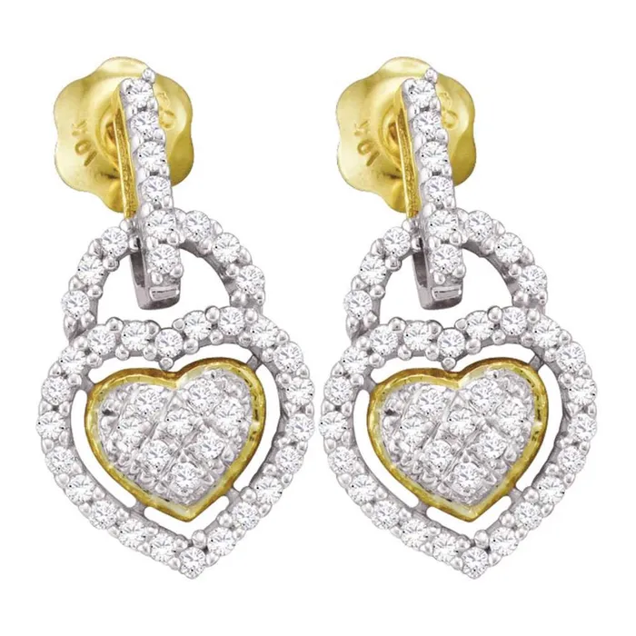 gndatlanta Earrings 10k Yellow Gold Round Diamond Heart Frame Cluster Dangle Earrings 13 Cttw