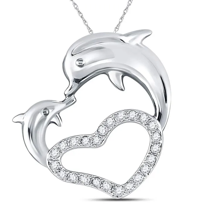 gndatlanta Necklaces 14kt White Gold Round Diamond Double Dolphin Heart Pendant 16 Cttw