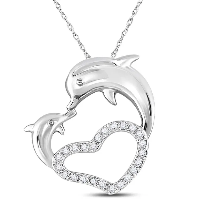gndatlanta Necklaces 14kt White Gold Round Diamond Double Dolphin Heart Pendant 16 Cttw