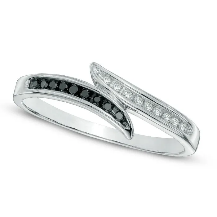 Goldia 010 CT TW Enhanced Black and White Natural Diamond Bypass Ring in Solid 10K White Gold Rings