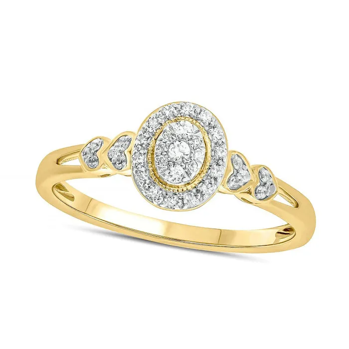 Goldia 017 CT TW Composite Natural Diamond OvalShaped Frame Double Heart Sides Promise Ring in Solid 10K Yellow Gold Rings