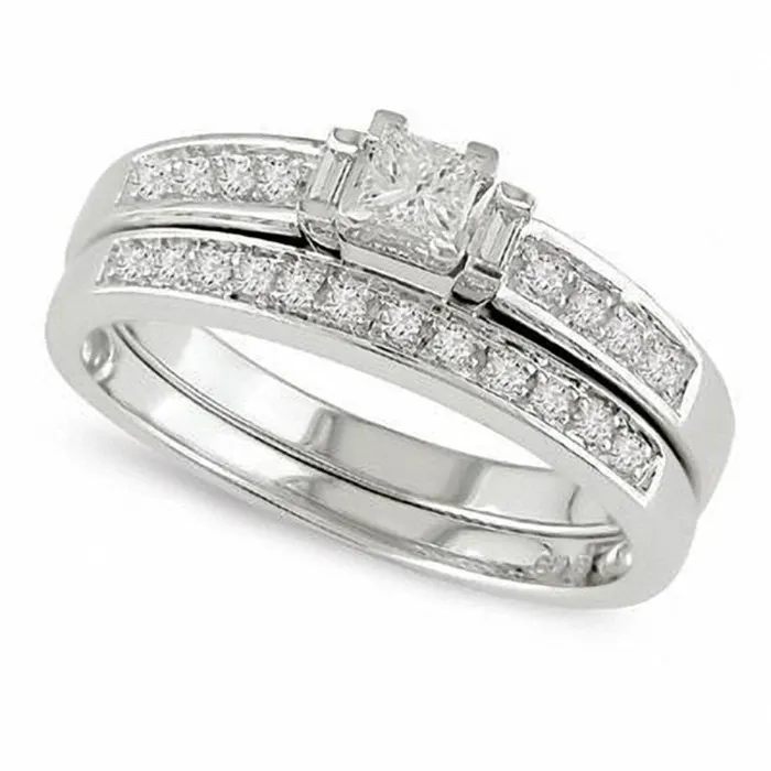Goldia 033 CT TW PrincessCut Natural Diamond Three Stone Bridal Engagement Ring Set in Solid 10K White Gold Rings