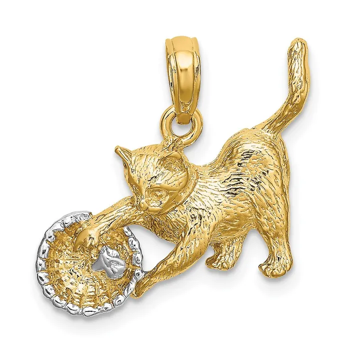 Goldia Charm Necklaces 14k Yellow Rhodium Gold White Rhodium Cat Playing wYarn in Basket Charm Goldia Charm Necklaces 14k Yellow Rhodium Gold White Rhodium Cat Playing wYarn in Basket Charm