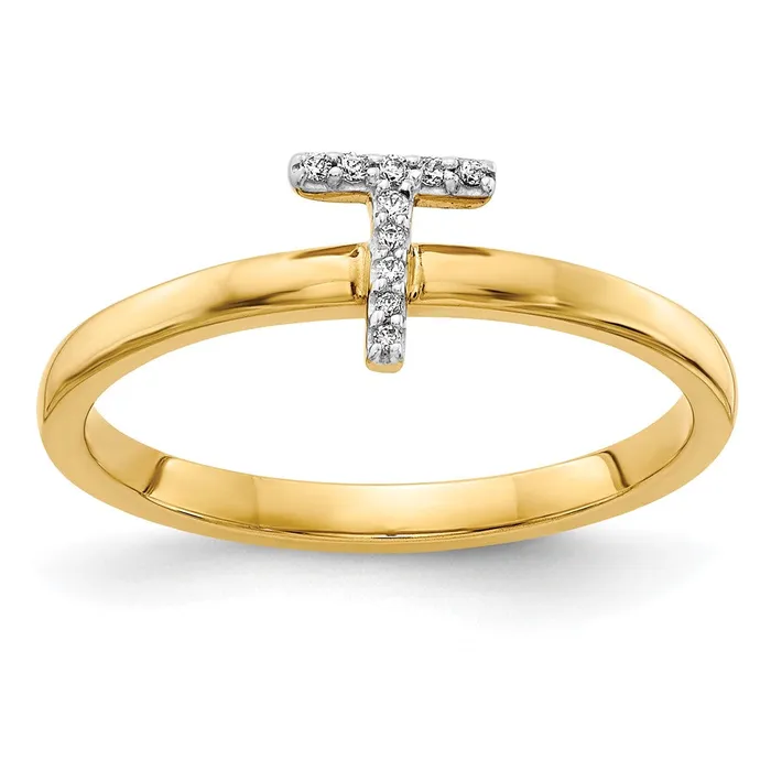 Goldiacom 14k Yellow Gold Real Diamond Initial T Ring Rings