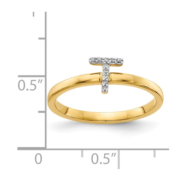 Goldiacom 14k Yellow Gold Real Diamond Initial T Ring Rings