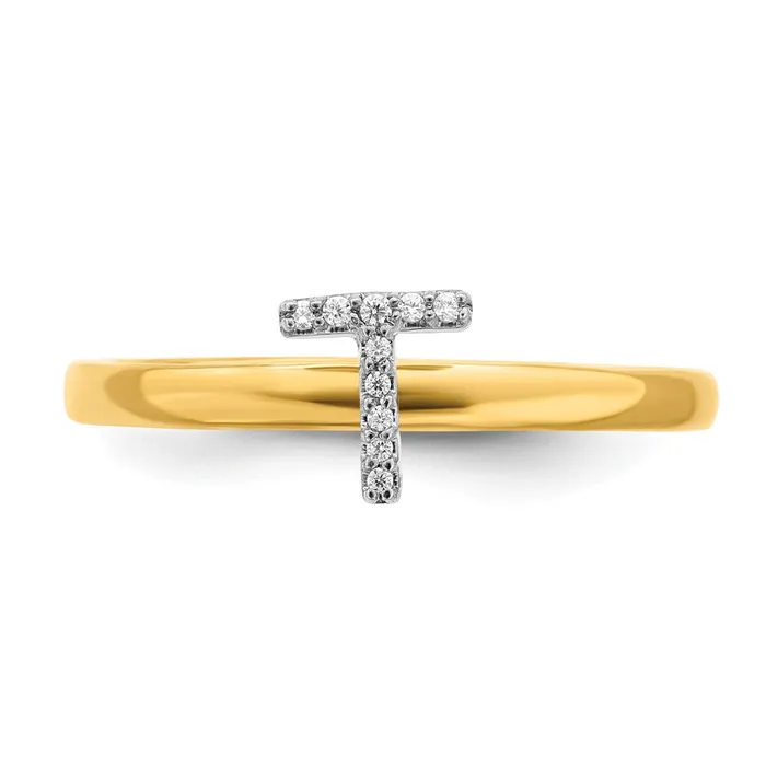 Goldiacom 14k Yellow Gold Real Diamond Initial T Ring Rings