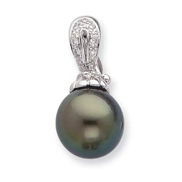 Goldiacom Necklaces 14k WG 10 11mm Round Saltwater Cultured Tahitian Pearl 05ct Dia Pendant