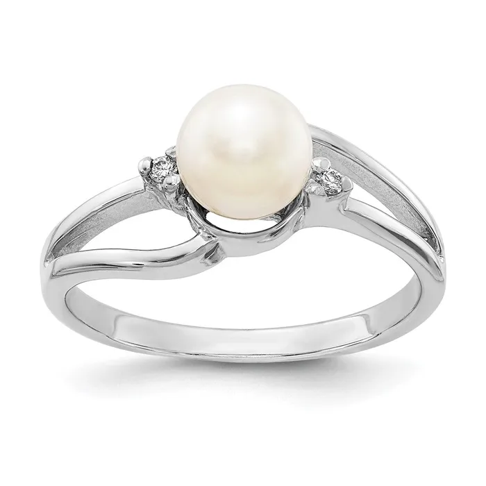 Goldiacom Rings 14k White Gold 6mm FW Cultured Pearl AA Real Diamond Ring