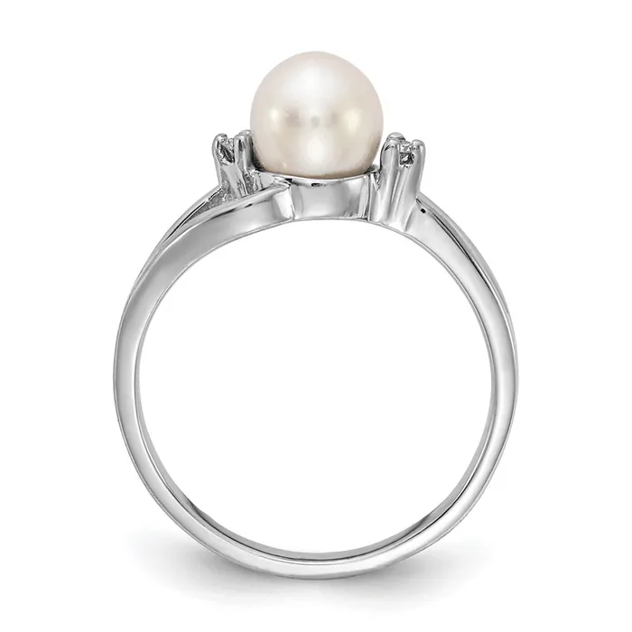 Goldiacom Rings 14k White Gold 6mm FW Cultured Pearl AA Real Diamond Ring