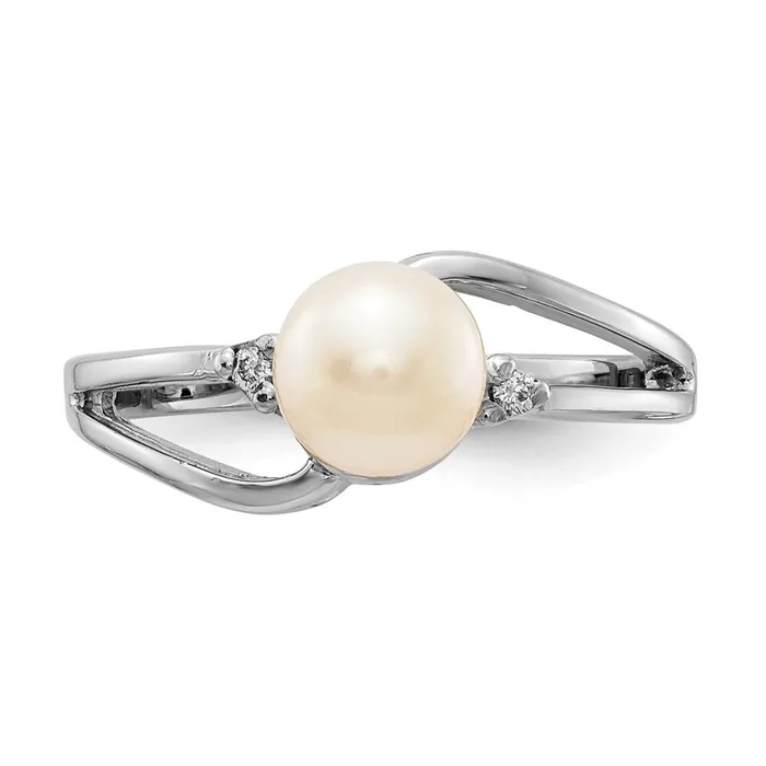 Goldiacom Rings 14k White Gold 6mm FW Cultured Pearl AA Real Diamond Ring