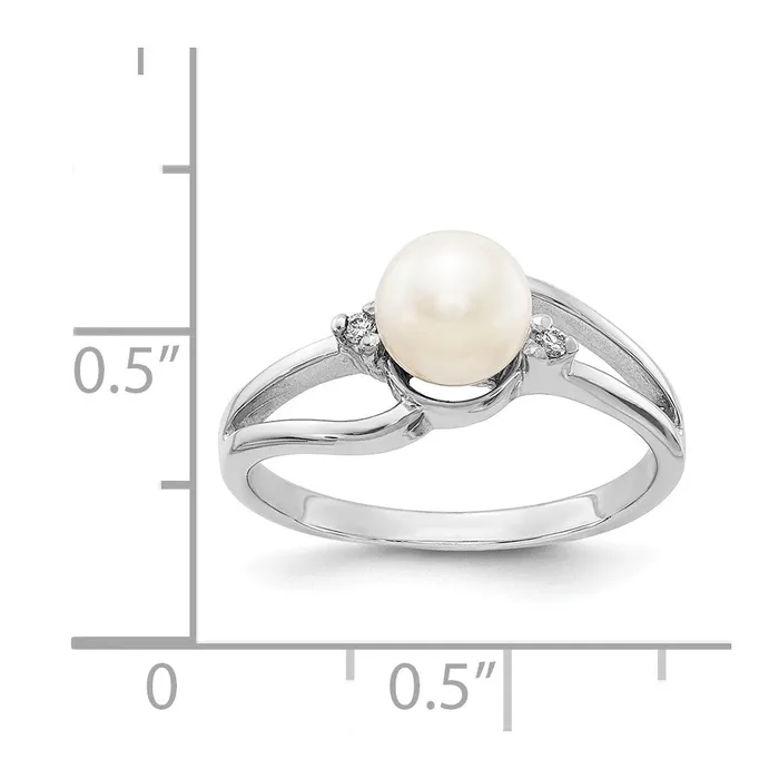 Goldiacom Rings 14k White Gold 6mm FW Cultured Pearl AA Real Diamond Ring