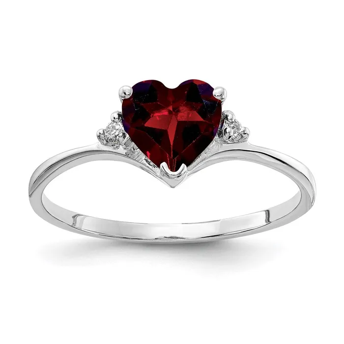 Goldiacom Rings 14k White Gold 6mm Heart Garnet AAA Real Diamond ring