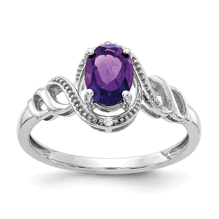 Goldiacom Rings 14K White Gold Amethyst and Real Diamond Ring