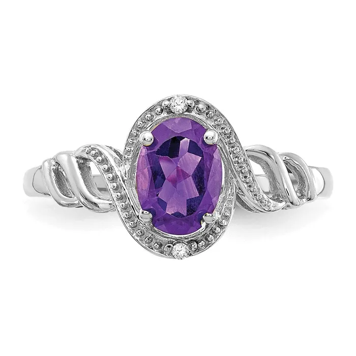 Goldiacom Rings 14K White Gold Amethyst and Real Diamond Ring