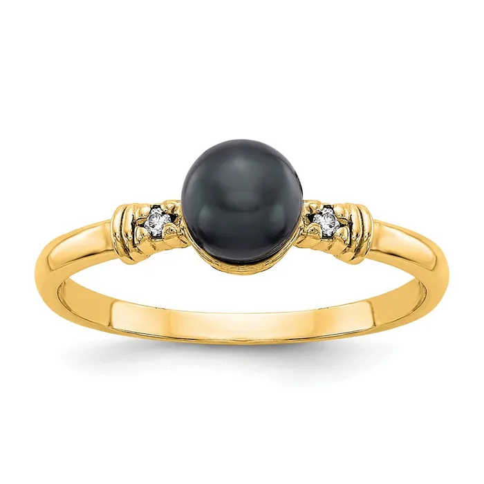 Goldiacom Rings 14K Yellow Gold 5mm Black FW Cultured Pearl VS Real Diamond ring
