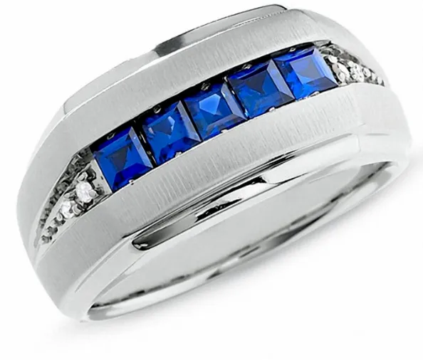 Goldiacom Rings Mens LabCreated Blue Sapphire Diamond Ring in 14K White Gold