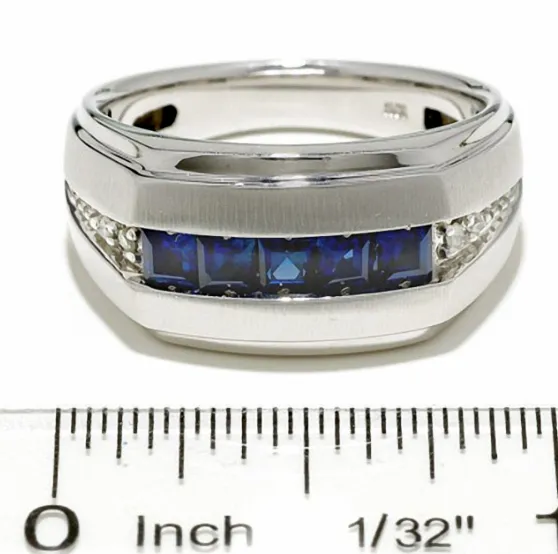 Goldiacom Rings Mens LabCreated Blue Sapphire Diamond Ring in 14K White Gold