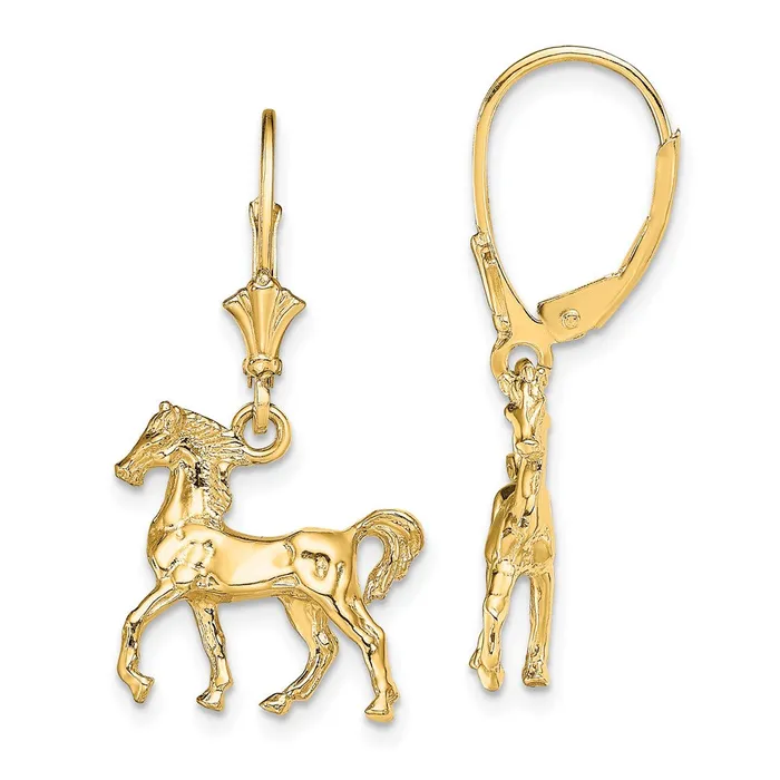 Goldia Earrings 14k Yellow Gold 3D Polished Leverback Horse Earrings