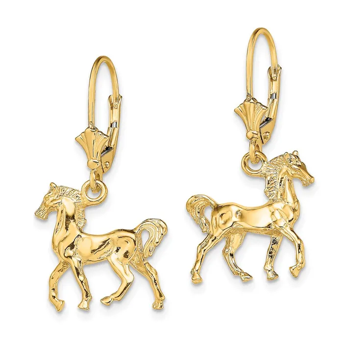 Goldia Earrings 14k Yellow Gold 3D Polished Leverback Horse Earrings