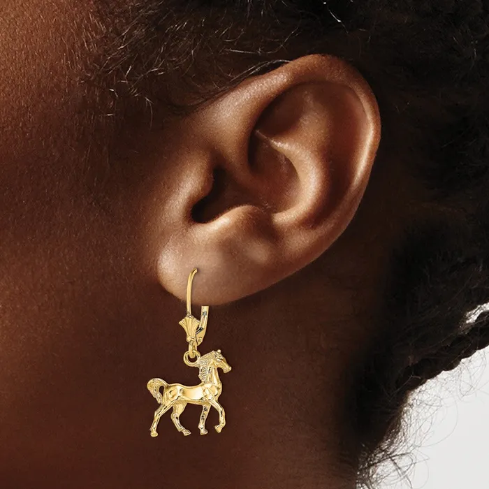 Goldia Earrings 14k Yellow Gold 3D Polished Leverback Horse Earrings