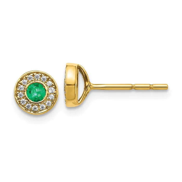 Goldia Earrings 14k Yellow Gold Real Diamond and Emerald Halo Post Earrings