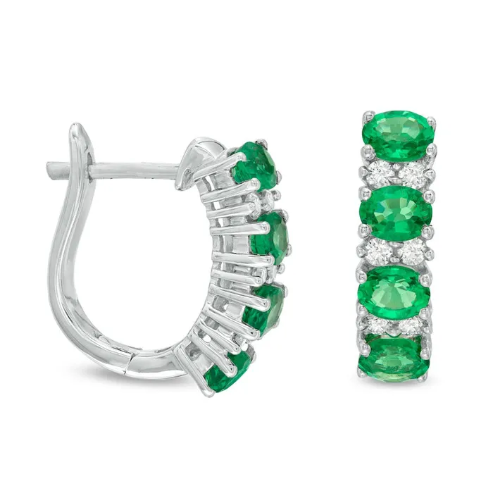 Goldia Earrings Sideways Oval Emerald and 025 CT TW Diamond Duo Alternating Four Stone Hoop Earrings in 14K White Gold