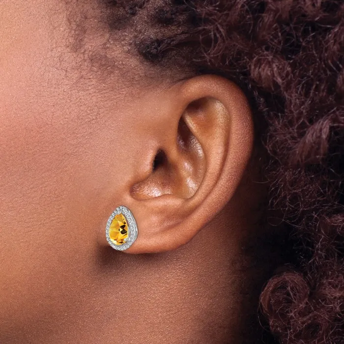 Goldia Earrings Sterling Silver Rhodium Polished Citrine u0026 CZ Post Earrings