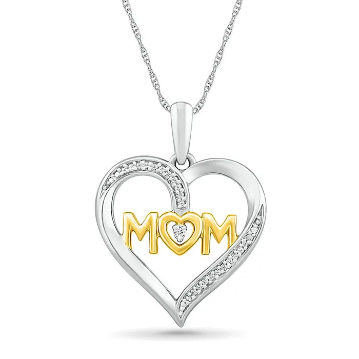 Goldia Necklaces 005 CT TW Natural Diamond Heart MOM Pendant in Sterling Silver and 10K Yellow Gold