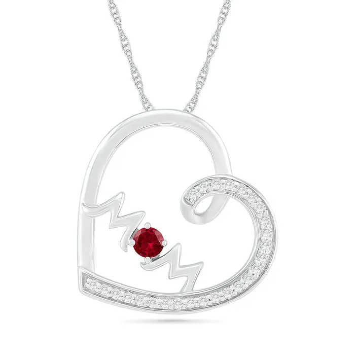 Goldia Necklaces 30mm LabCreated Ruby and White Sapphire MOM Tilted Loop Heart Pendant in Sterling Silver