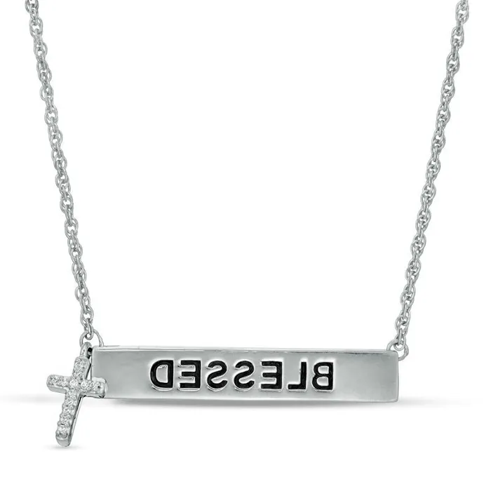 Goldia Necklaces Natural Diamond Accent BLESSED Bar and Cross Charm Necklace in Sterling Silver 17