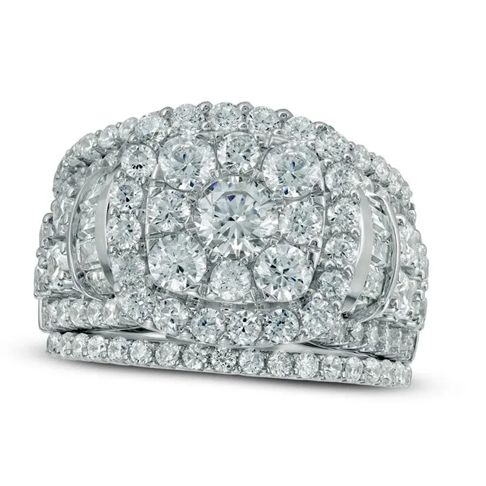 Goldia Previously Owned 4 CT TW Natural Diamond Cluster Frame Three Piece Bridal Engagement Ring Set in Solid 14K White Gold Rings