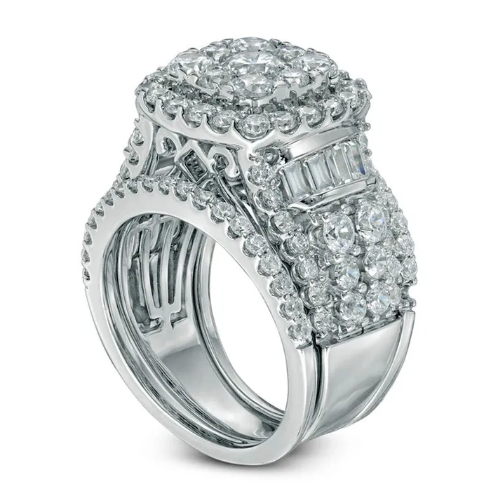 Goldia Previously Owned 4 CT TW Natural Diamond Cluster Frame Three Piece Bridal Engagement Ring Set in Solid 14K White Gold Rings Goldia Previously Owned 4 CT TW Natural Diamond Cluster Frame Three Piece Bridal Engagement Ring Set in Solid 14K White Gold Rings