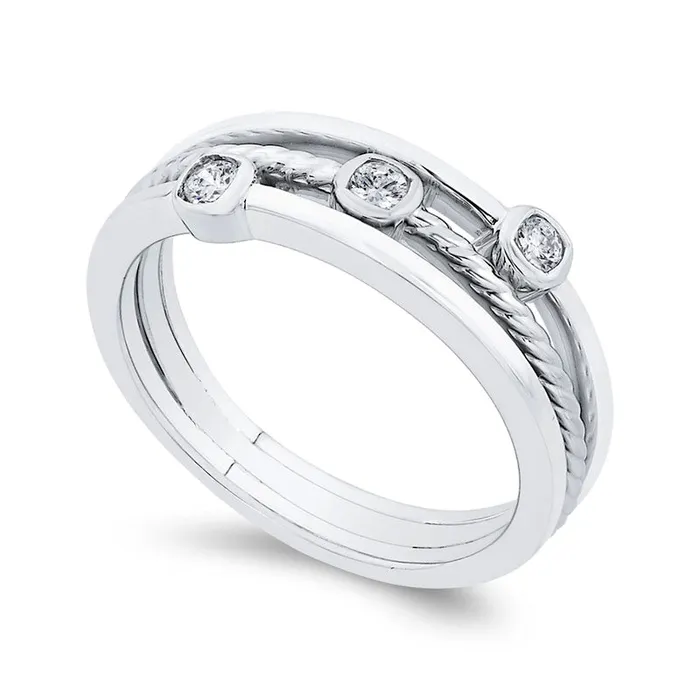 Goldia Rings 013 CT TW Natural Diamond Three Stone Triple Row Ring in Solid 10K White Gold